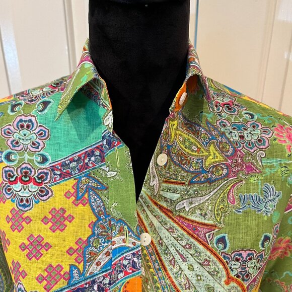 Hinson Wu Reese Long Sleeve Luxe Linen Boho Green Paisley Shirt Size XS NWT - Picture 4 of 12